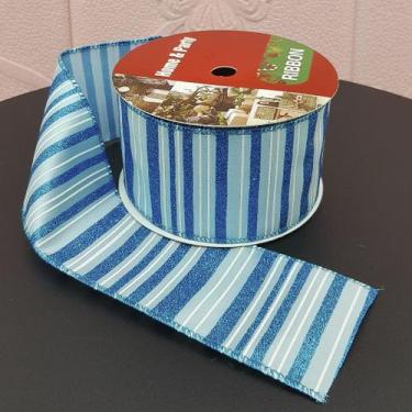 Imagem de Rolos Fita Aramada Natalina Azul Listrada 6,3cm 9m Kit 5pçs - Genérico