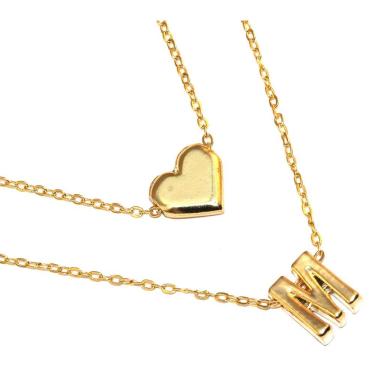 Imagem de Colar Cordão Duplo Minha Inicial M Coração Folheado 18k