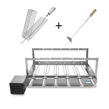 Imagem de Kit Grill Inox Churrasqueira com 6 Espetos Tridente + Espeto Grelha Espalhador Carvão - Pratic Metal