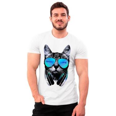 Imagem de Camiseta Gato Felino Oculos Fone Shap Life T-Shirt Algodão - Mecca