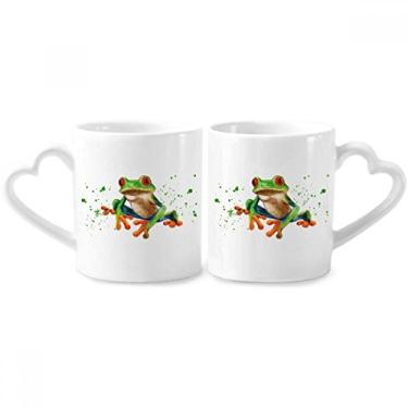 Imagem de Conjunto de canecas de porcelana para casais de sapos verdes polipedatid com alça de coração de cerâmica