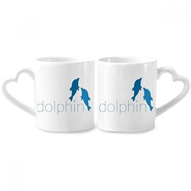 Imagem de Blue Ocean Docile Two Dolphin Conjunto de canecas de porcelana para casais de cerâmica com alça de coração