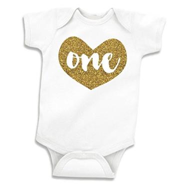 Imagem de Roupa de primeiro aniversário para bebês meninas para um ano de idade - camisa de coração com glitter dourado "One" (12-18 meses)