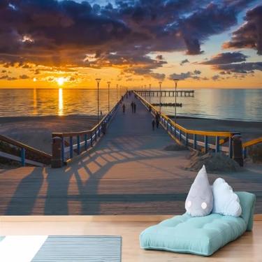 Imagem de Lcythiazole Mural de papel de parede do pôr do sol, papel de parede oceano, ponte marítima, foto estética, adequado para quarto, sala de estar, sala de jantar, tamanho personalizável