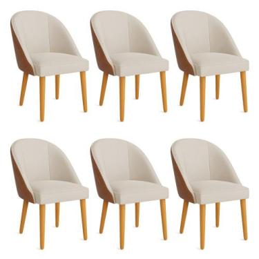 Imagem de Kit 06 Cadeiras Poltrona de Jantar Bela Corano Nozes e Linho Bege Pés 