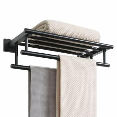 Imagem de Alise Toalheiro para suporte de parede de banheiro, suporte de toalha duplo com prateleira, gancho de toalha de aço inoxidável SUS304 de 40 cm para paredes de banheiro, preto fosco