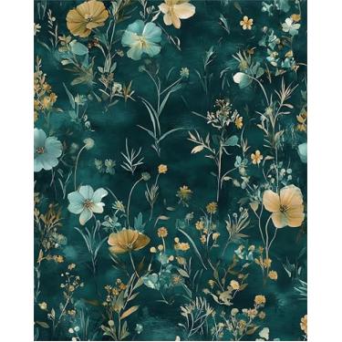 Imagem de Papel de parede vintage floral Peel and Stick Papel de parede Boho 43 cm x 393 cm azul-petróleo/amarelo flores silvestres vinil papel de contato à prova d'água autoadesivo moderno papel de parede para