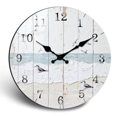 Imagem de PENGHONG Relógio de parede grande e silencioso para decoração de escritório, 61 cm, rústico, circular, de madeira, costa azul, relógio de parede para casa de fazenda, sala de estar, decoração vintage