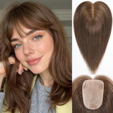 Imagem de HAIRCUBE Apliques De Cabelo Humano Para Mulheres, Cabelo Humano Real Com Franja, Base De 3,5 X 5,5 Polegadas, 12 Polegadas, Aplique De Cabelo Castanho Médio Para Mulheres, Cobre Raízes Grisalhas