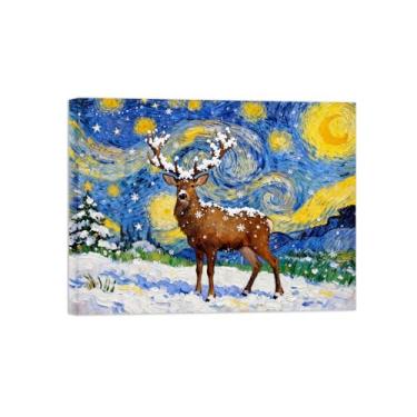 Imagem de Pinturas em tela Natal-Quadros Decoração de Parede-Cervos neve noite estrelada-Inverno Paisagens Impressões para Sala de Estar 60x80cm Tela Embrulhada