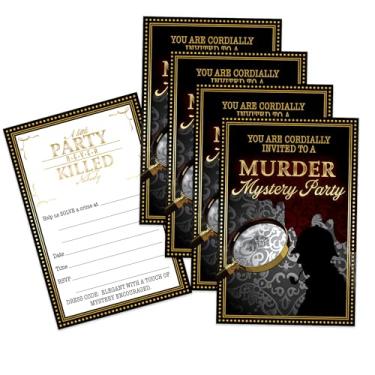 Imagem de Convites de festa de aniversário mistério de assassinato para meninos e meninas - 20 convites de preenchimento dupla face de 10 x 15 cm com envelopes úmidos para selar