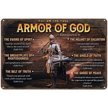 Imagem de JinGoo Placa de metal vintage placa de metal armadura de Deus sinais, Efésios 611-17 versículos bíblicos arte de parede placa de metal cristão pintura de ferro decoração de parede retrô para casa