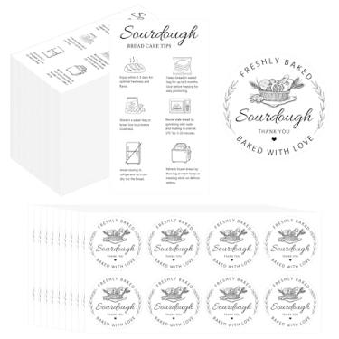 Imagem de Suprimentos de pão Sourdough Cartões de instruções de cuidados com pães assados com adesivos amados, 300 etiquetas + 100 cartões assados, bom kit para padarias, confeitarias, lojas de alimentos