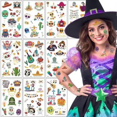 Imagem de 10 folhas, 100 peças, tatuagens temporárias mexicanas do Dia dos Mortos para crianças, Halloween, rosto fofo, adesivos falsos, acessórios de maquiagem, meninos, meninas, festa de açúcar, caveira