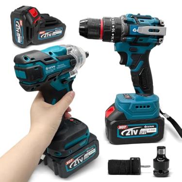 Imagem de Parafusadeira e Furadeira Chave de Impacto Sem Escova 2 em 1 Kit Furadeira e Parafusadeira, 2 Velocidades Variáveis, Parafusadeira 21V com 2 Bateria, 220V