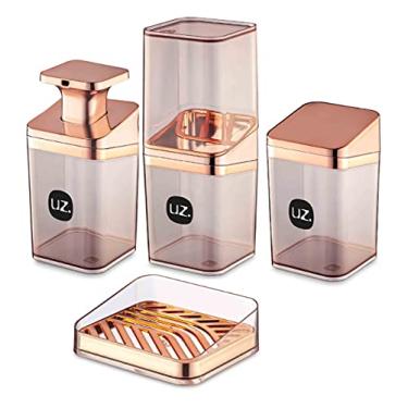 Imagem de Kit Higiene Slim 4 Peças Para Banheiro Com Porta Escova Sabonete Líquido Porta Algodão E Saboneteira UZ cor:Rosê Gold