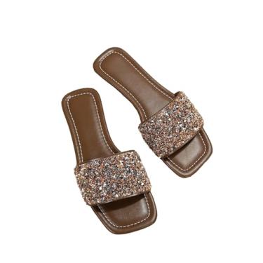 Imagem de Verdusa Sandálias femininas de strass com glitter, sandálias casuais com bico aberto, chinelo brilhante, Marrom café, 7.5