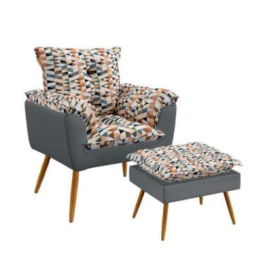 Imagem de Poltrona Decorativa Opala com Puff Lunar Sued Estampado Laranja com Ci