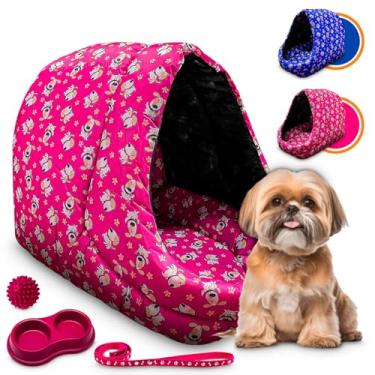 Imagem de Kit Cama Caminha Toca Iglu Bolinha Comedouro Cachorro Gato (Rosa)