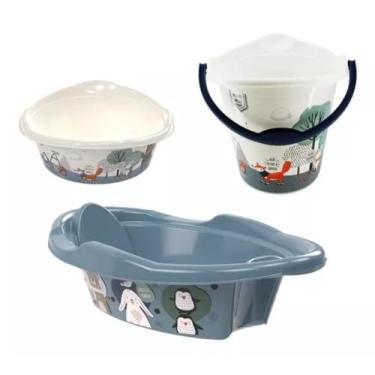 Imagem de Kit Banho Do Bebe Balde,bacia E Banheira Bichinhos Azul - Plasutil