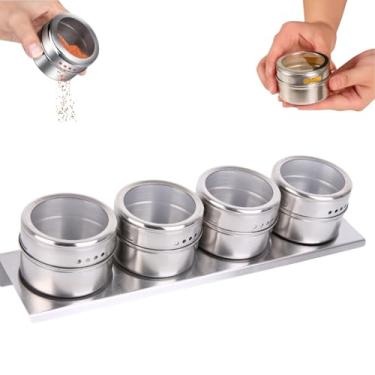 Imagem de Porta Condimentos Temperos Magnético com Potes e Suporte Inox – Organizadores de Temperos com Visor, Ideal para Cozinha Moderna (Linear 4 pcs)
