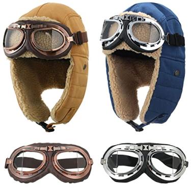 Imagem de JaGely 2 Sets Pilot Hat and Goggles Trapper Hat Flight Costume Winter Hat with Ear Flaps Men Adults(Blue, Khaki)