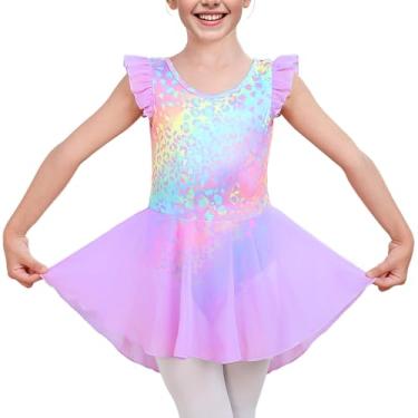 Imagem de LUOUSE Collant de balé elegante para meninas com saia - mangas esvoaçantes e babados, perfeito para dança e ginástica, 02 Leopardo roxo, 8-9 Anos