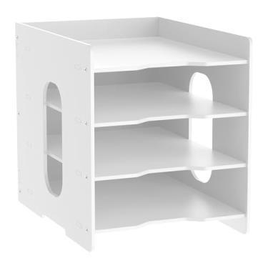 Imagem de Organizador de papel de 4 camadas, prateleiras ajustáveis de madeira, prateleira de armazenamento de papel com slot de extração para álbuns de recortes de 30 x 30 cm, suporte de armazenamento de