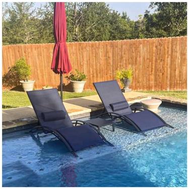 Imagem de Espreguiçadeiras Grandes com Mesa Lateral, Cadeiras Reclináveis Ajustáveis para Piscina, Praia e Jardim,PURPLE LEAF,Azul Marinho