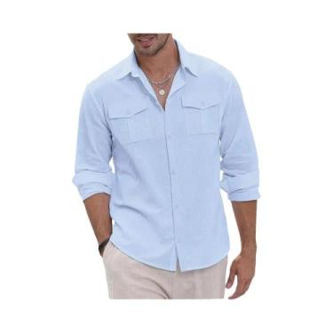 Imagem de Camisa Cargo Masculina De Algodão E Linho Para Outono Com Dois Bolsos,