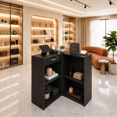 Imagem de Balcão Caixa em L 60x40 Atendimento e Recepção Comercial MDP com Fechadura 2 Prateleiras Preto