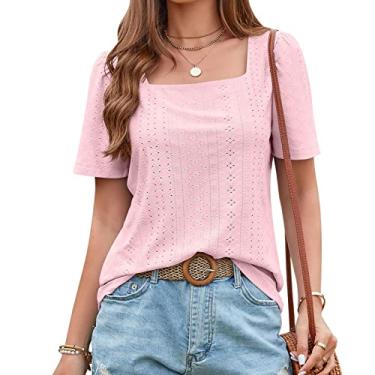 Imagem de Camiseta feminina de verão manga curta ajuste solto blusa manga quadrada oca doce camisa tops para usar com leggings, rosa, M