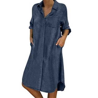Imagem de UIFLQXX Vestidos para mulheres 2023 Denim Sólido Casual Manga Longa Gola V Vestido Bolso Botão Vestido Solto Feminino Casual, Azul marino, XXG
