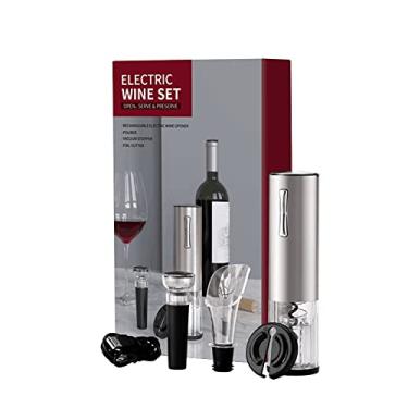 Imagem de QISUO Kit de abridor de garrafa de vinho elétrico, recarregável, saca-rolhas automático contém rolha de cortador de lacre e dosador de aerador de vinho com cabo de carregamento USB para conjunto de presente 4 em 1 vinho