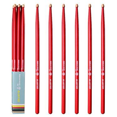 Imagem de 6 varas/3 pares de baquetas 5A de cor vermelha, baquetas clássicas de 5A, baquetas de nogueira com pontas de bolota, para bateria acústica ou eletrônica, baqueta Bluefire, peso combinado. Baqueta