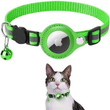 Imagem de Coleira Anti Perda Pet De Nylon Com Capa de Couro Para Rastreador Airtag ou Identificador, Com Detalhes Reflexivos E Sininho, Recomendável para Gatos e Cachorros (Porte Pequeno) (Verde)
