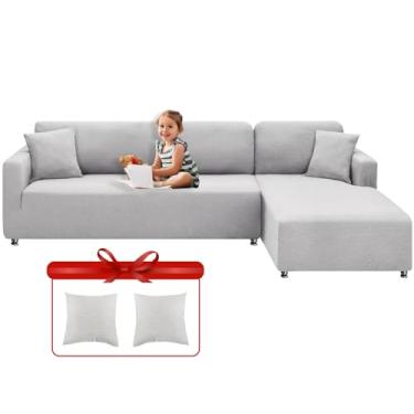 Imagem de XINEAGE Capas de sofá seccionais de alta elasticidade 2 peças capa de sofá em forma de L com 2 peças fronhas de canto capas de sofá capa de chaise com fundo elástico 3 assentos + 3 assentos (cinza