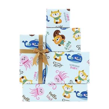 Imagem de It's a Boy Papel de embrulho, lindo esquilos, raposa, água-viva, tubarões, animais, papel de embrulho para bebê, menino, Hello Weclome Baby Gift Wrap com fita para recém-nascidos, chá de bebê,