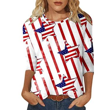 Imagem de Camiseta feminina bandeira americana 4 de julho Dia da Independência Top Patriótico Star Stripes Gráfico Manga 3/4 Túnica Gola Redonda, Branco, G