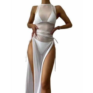 Imagem de Biquíni feminino de malha dividida alta com cordão e conjunto de biquíni, Branco, One Size