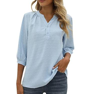 Imagem de Blusas femininas elegantes casuais para trabalho de negócios chiffon swizz dot camisa abotoada manga 3/4 gola V, Azul-celeste, XXG