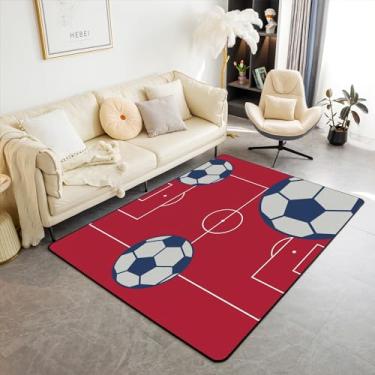 Imagem de Tapete decorativo para quadra de futebol infantil, 12 x 18 cm, tapete decorativo para meninos, meninas, adolescentes, para sala de estar, quarto, antiderrapante, estampa de bola de futebol, vermelho,