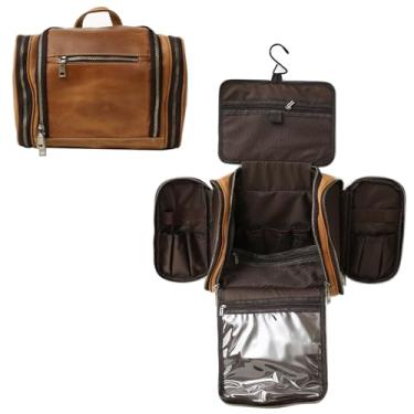 Imagem de PAHVRION Bolsa de higiene para pendurar, kit de barbear e Dopp de couro genuíno personalizado para homens e mulheres, organizador de viagem para artigos de higiene pessoal, presente de padrinho,