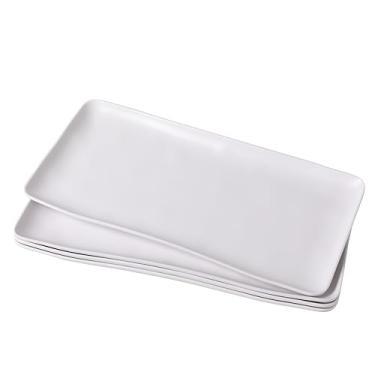 Imagem de ZAROCRUS Travessa retangular de melamina branca, conjunto de 4, 35,5 x 17,8 cm, prato de sushi para bolo de frutas, leve e inquebrável