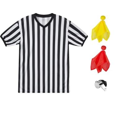 Imagem de Joizomou Camisa de árbitro feminina masculina fantasia de árbitro 4 peças com uniforme de árbitro de juiz de árbitro e apito para futebol americano Halloween