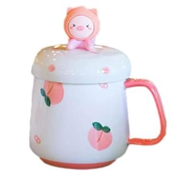 Imagem de Caneca de gato com tampa e colher 3D linda xícara de chá de café de cerâmica conjunto de caneca de casal presente de aniversário para professores, mães, amigas, amantes, (pêssego, 400 ml)