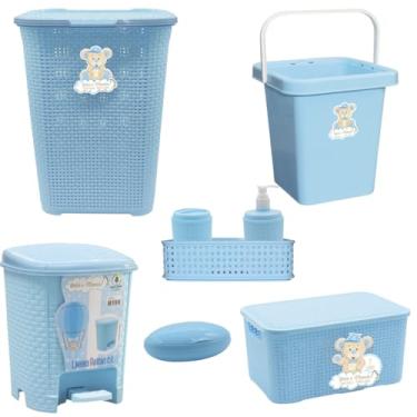 Imagem de Kit Caixa Organizadora Cesto de roupas Rattan bebê Balde Lixeira Saboneteira - Menino ou Menina (azul)