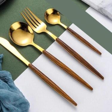 Imagem de Faqueiro de Aço Inox Dourado Cabo Estampa Madeira 24pç Organic - Lyor