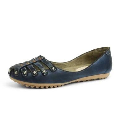 Imagem de Sapato Sapatilha Salomé de Couro Retrô Azul com Fecho Izabella Araújo 
