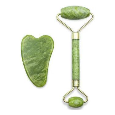 Imagem de Rolo Pedra De Jade Massageador + Placa Gua Sha Anti Estresse - DOISIRM